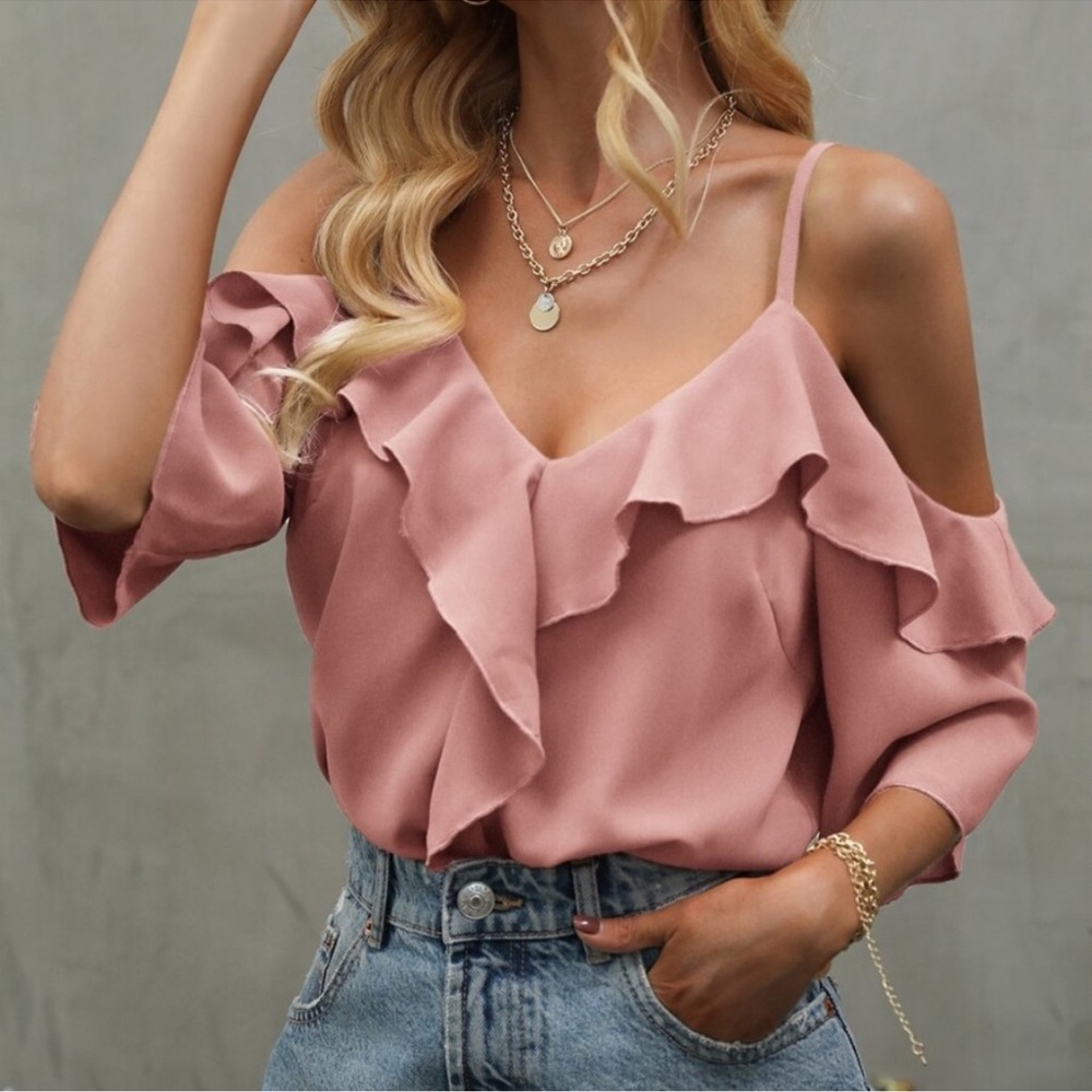 Boho Ruffle Detail Cold Shoulder Blouse S M L XL